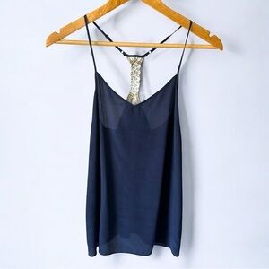 Lilly Pulitzer Dusk Silk Razorback Tank Top Navy Beaded Macrame XS